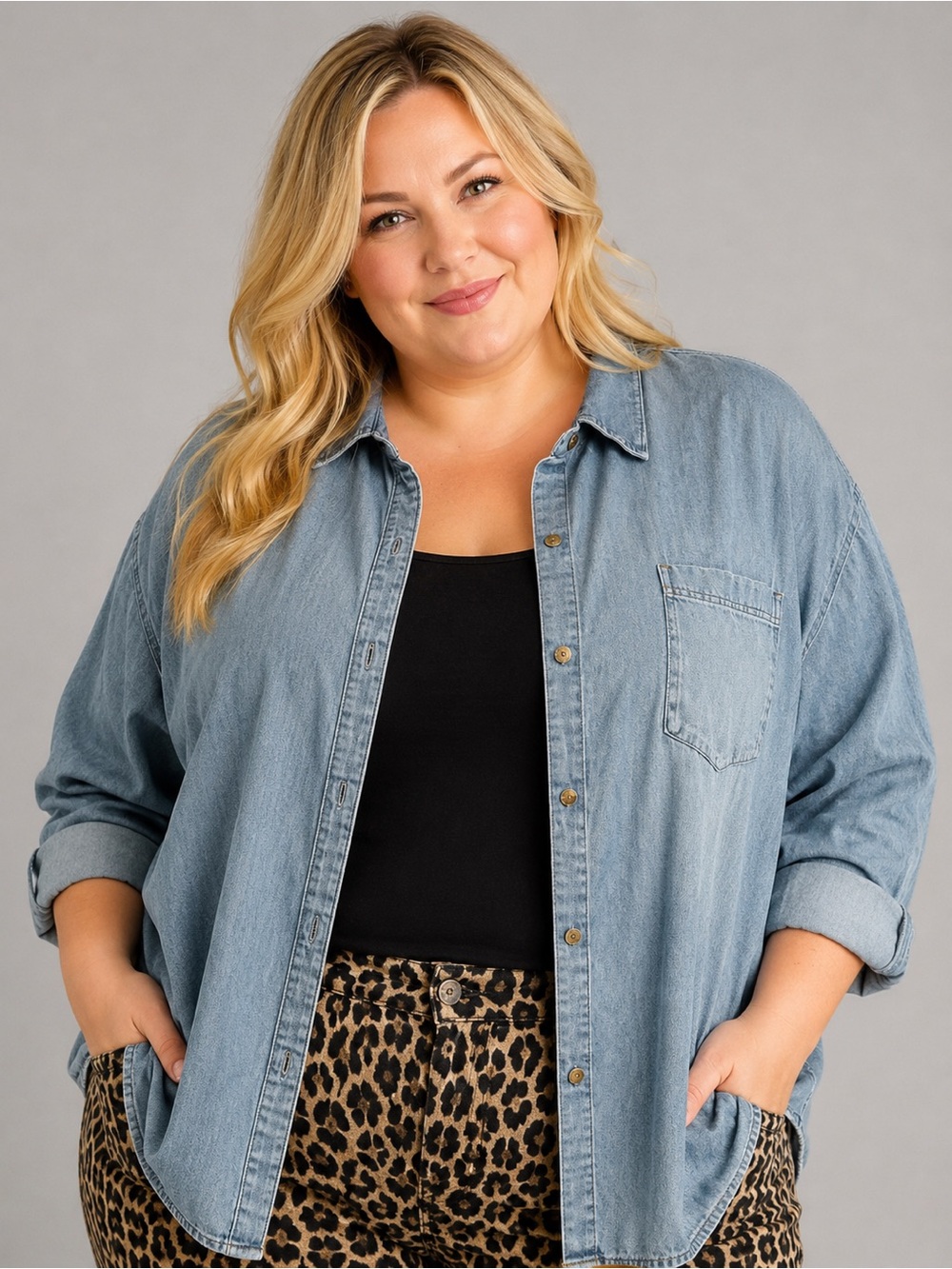 Old Navy Women’s Plus-Size 2X Chambray Blue Denim The Boyfriend Layering Shirt